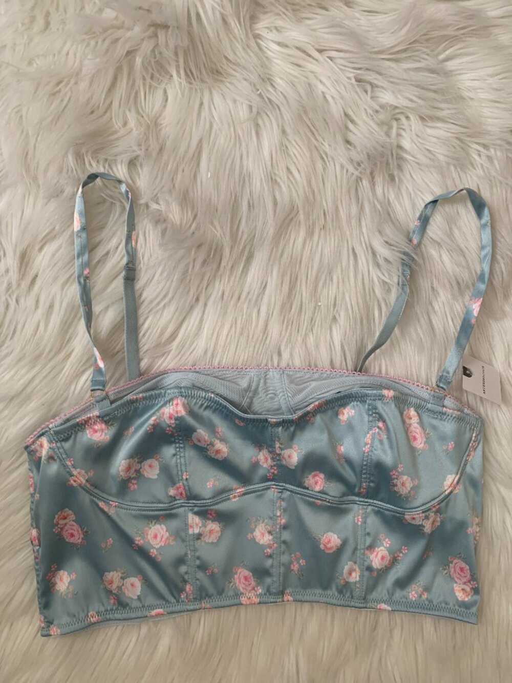 LYREBIRD Silky Printed Longline Satin Bra Top in Light Blue Ditsy Floral Sz MED